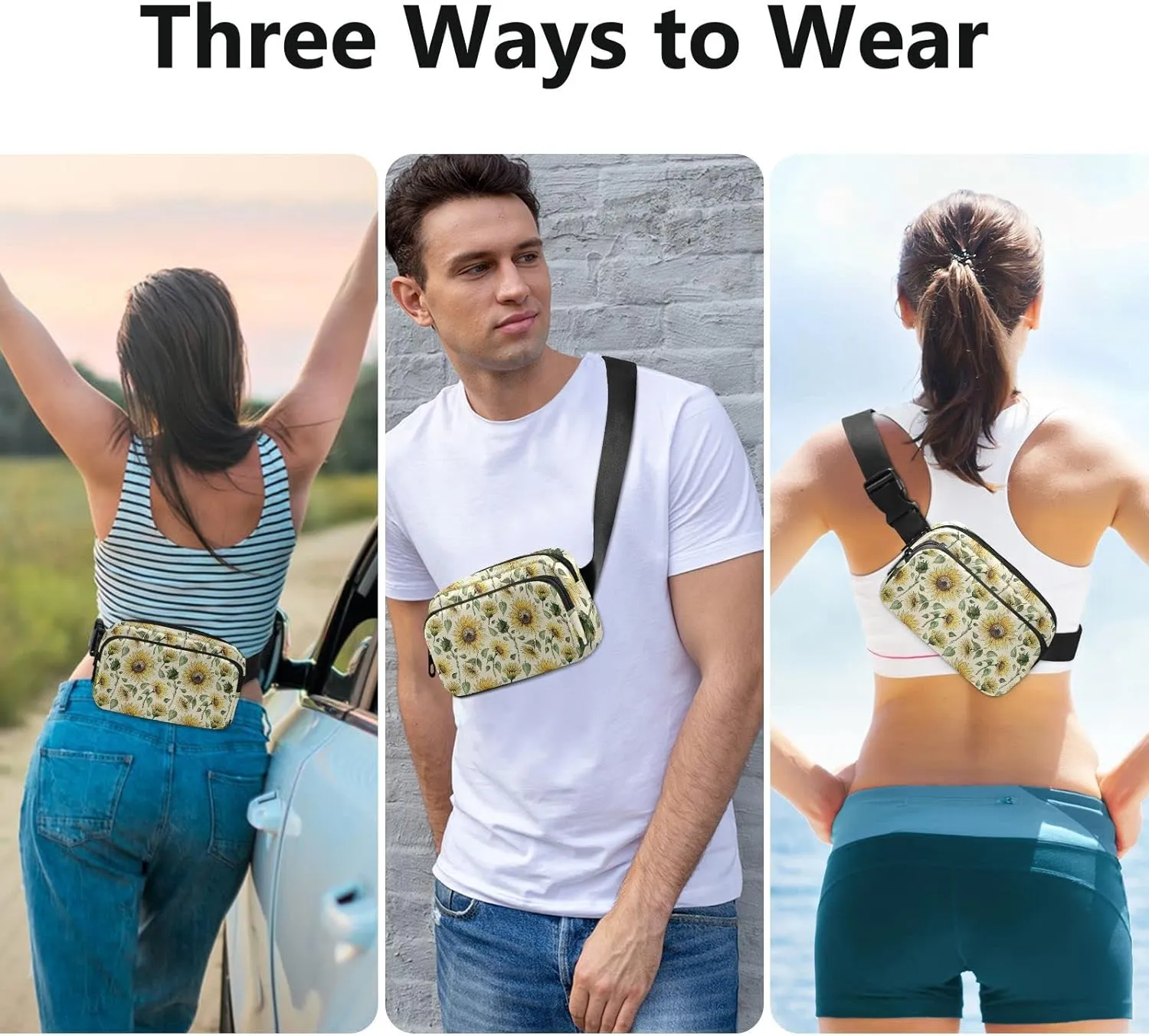 Vintage Seamless Sunflowers Buds Leaves Stems Green Leaves Adjustable Belt Running Bag, Crossbody Fanny Pack Waist Runners Bag Tote for Women Men Sports Hiking Fitness Exercise Gym Pouch