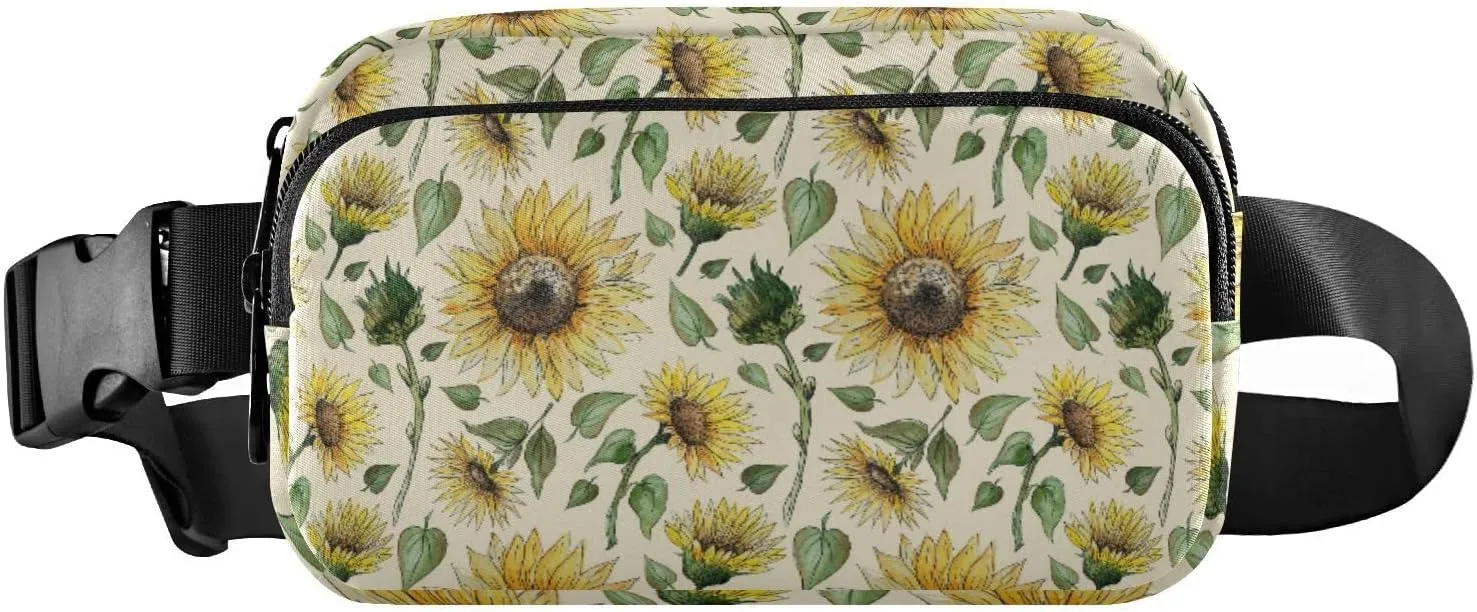 Vintage Seamless Sunflowers Buds Leaves Stems Green Leaves Adjustable Belt Running Bag, Crossbody Fanny Pack Waist Runners Bag Tote for Women Men Sports Hiking Fitness Exercise Gym Pouch