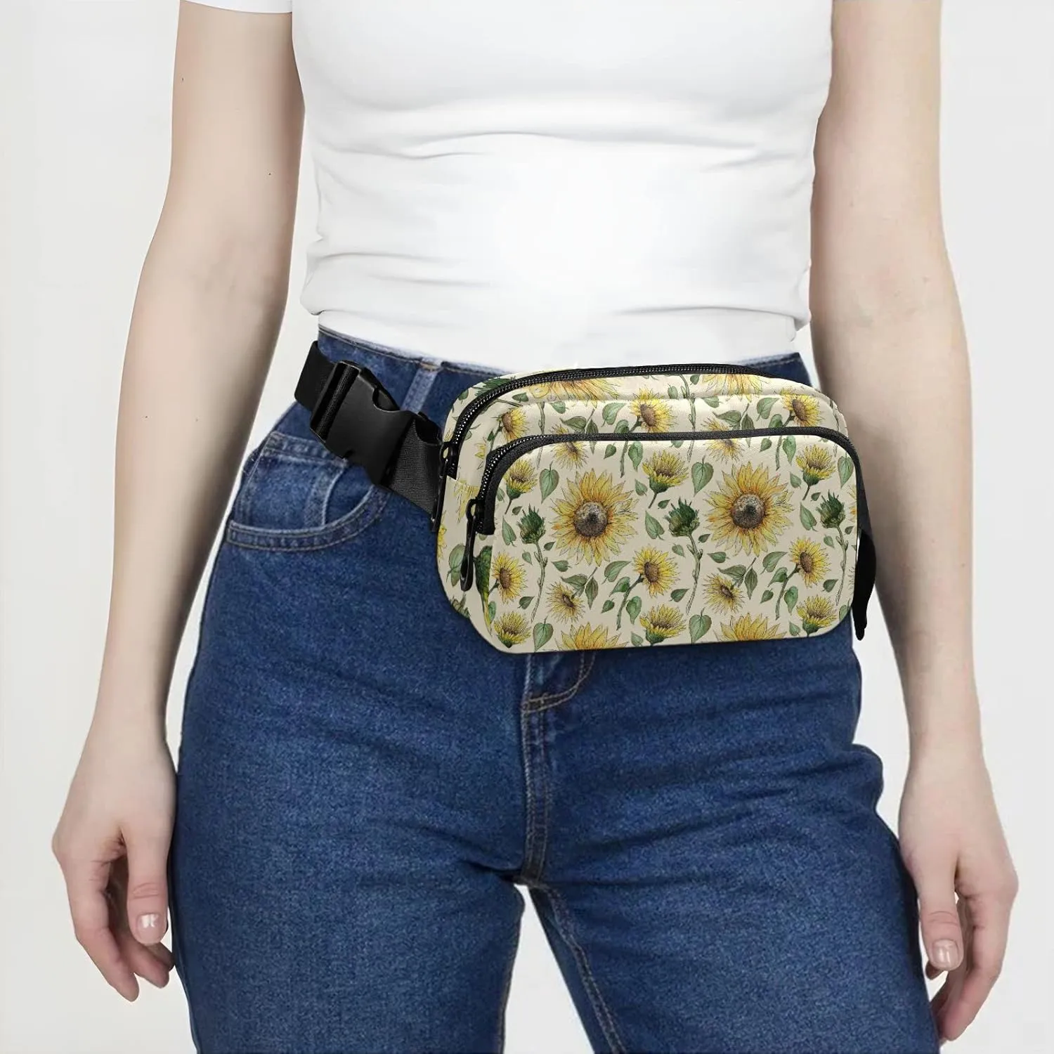 Vintage Seamless Sunflowers Buds Leaves Stems Green Leaves Adjustable Belt Running Bag, Crossbody Fanny Pack Waist Runners Bag Tote for Women Men Sports Hiking Fitness Exercise Gym Pouch
