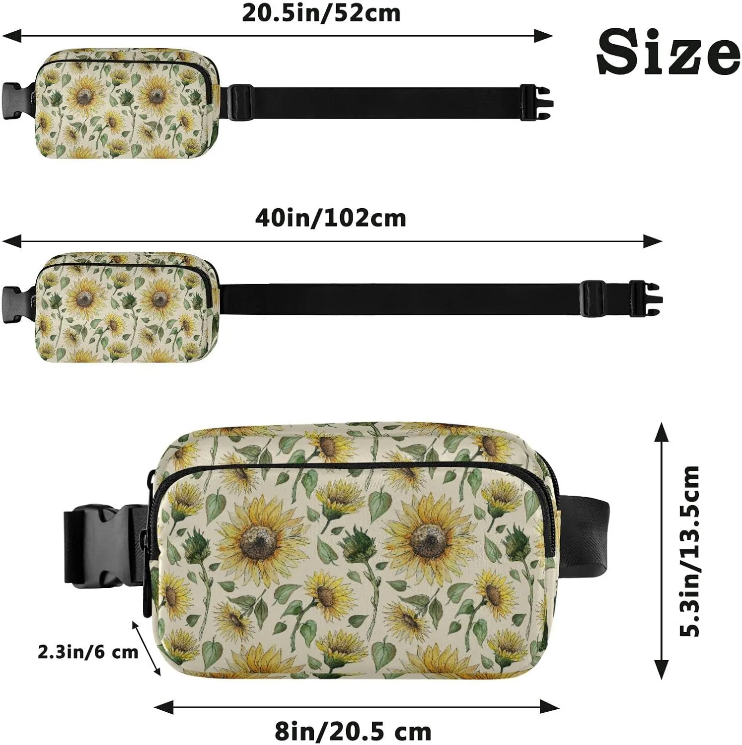 Vintage Seamless Sunflowers Buds Leaves Stems Green Leaves Adjustable Belt Running Bag, Crossbody Fanny Pack Waist Runners Bag Tote for Women Men Sports Hiking Fitness Exercise Gym Pouch