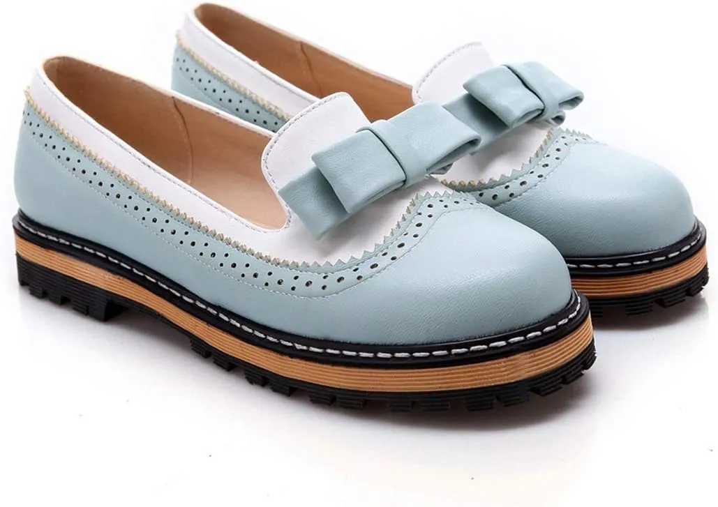 VOKLIN Women's Flat Bow Two Tone Slip On Oxford Shoes Wingtip Perforated Low Heels School Oxfords Brogues