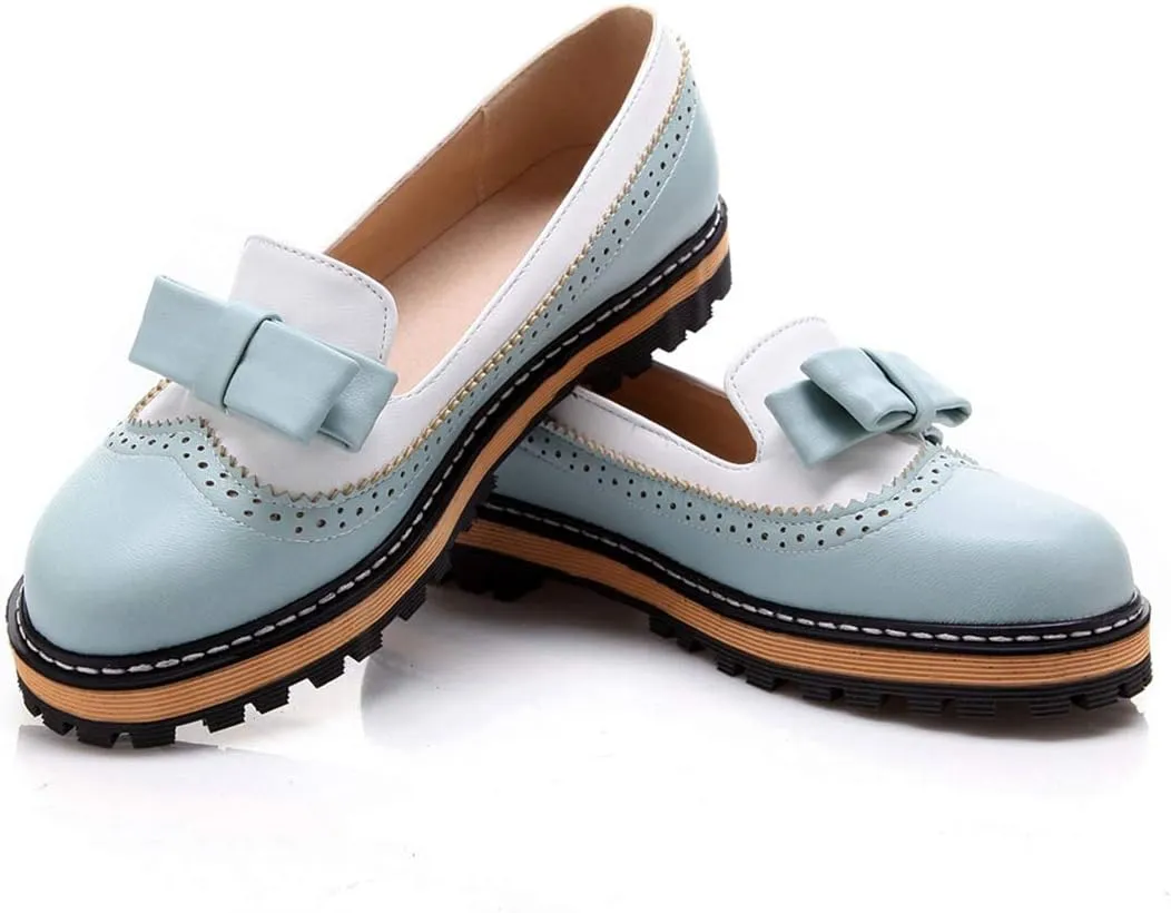 VOKLIN Women's Flat Bow Two Tone Slip On Oxford Shoes Wingtip Perforated Low Heels School Oxfords Brogues