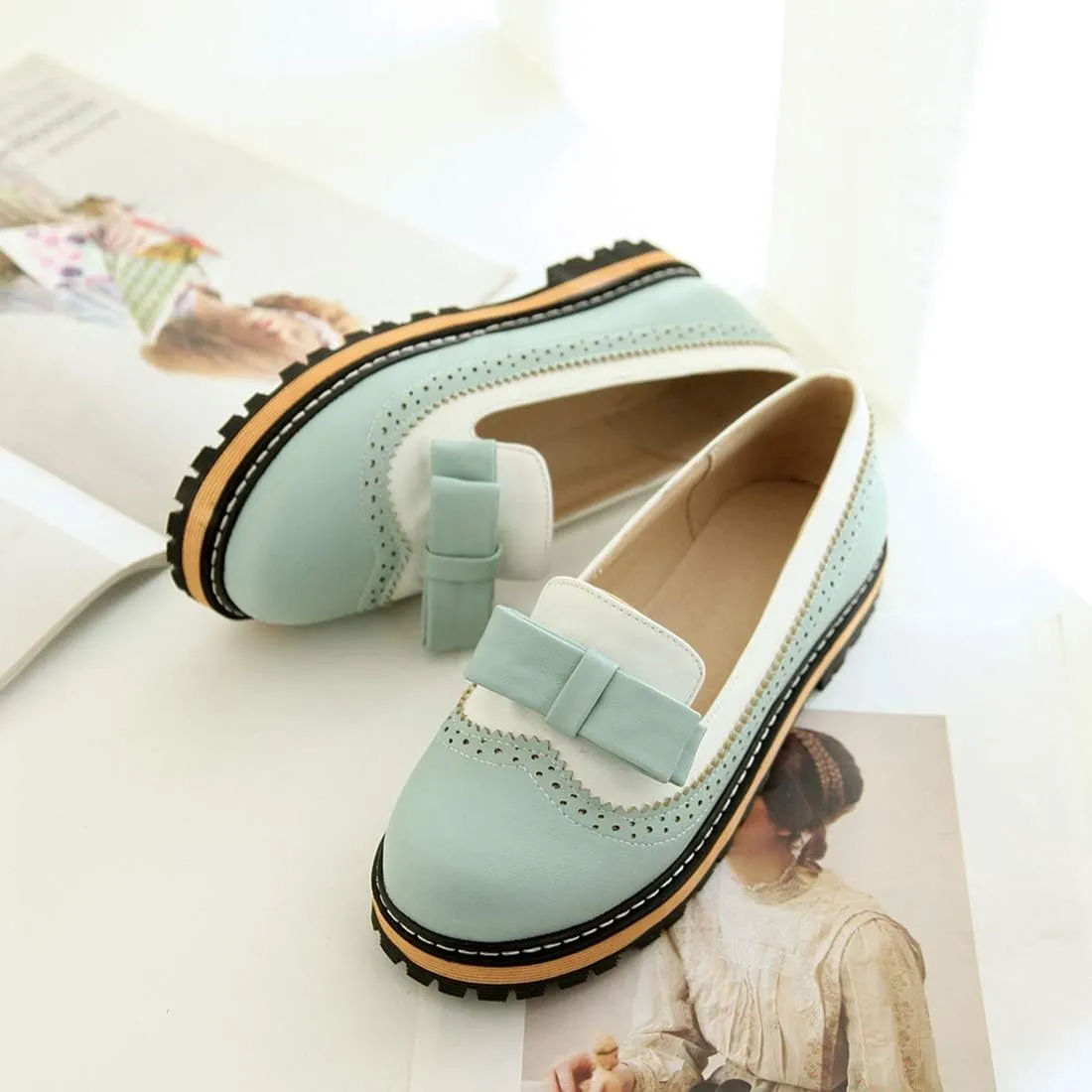 VOKLIN Women's Flat Bow Two Tone Slip On Oxford Shoes Wingtip Perforated Low Heels School Oxfords Brogues