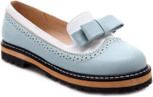 VOKLIN Women's Flat Bow Two Tone Slip On Oxford Shoes Wingtip Perforated Low Heels School Oxfords Brogues