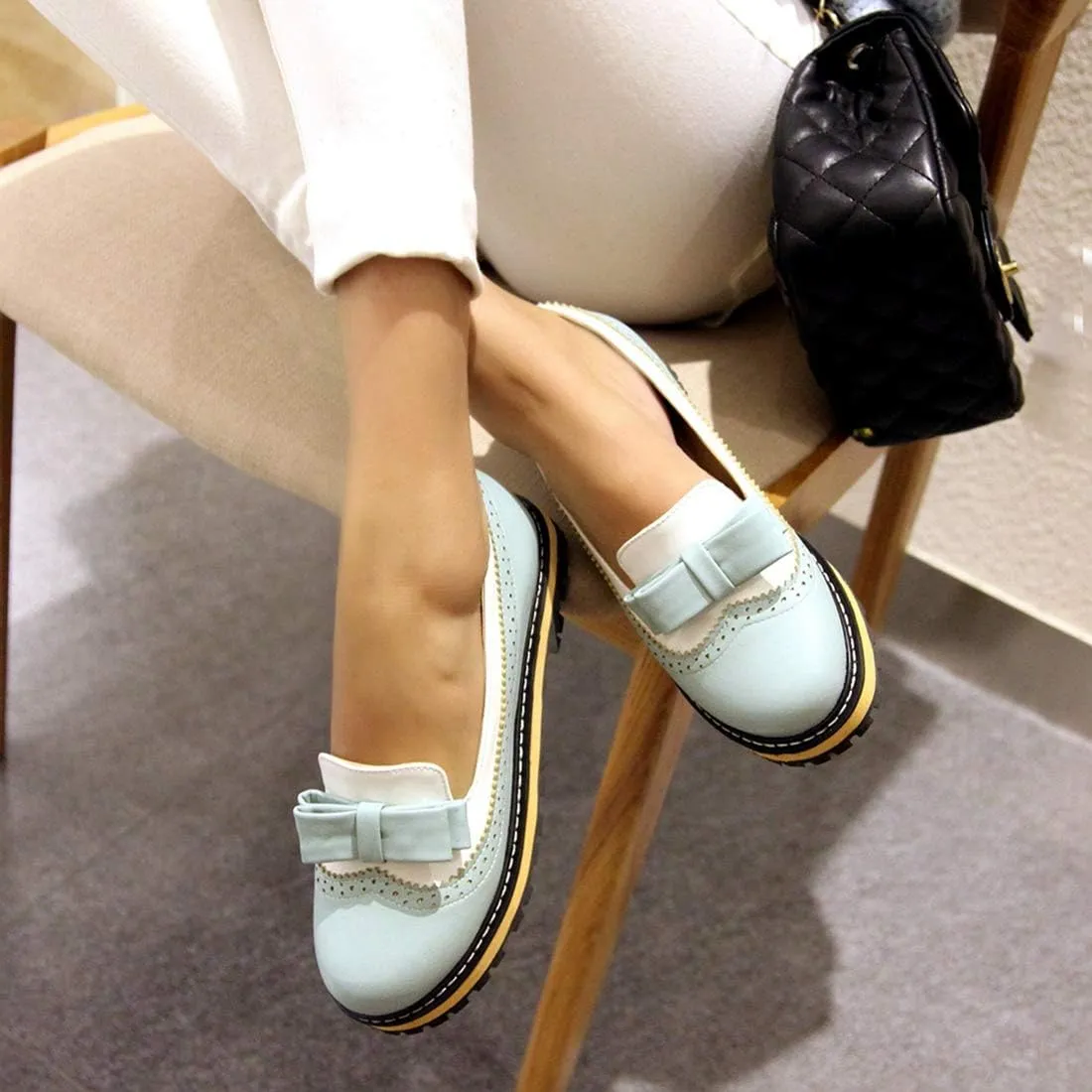 VOKLIN Women's Flat Bow Two Tone Slip On Oxford Shoes Wingtip Perforated Low Heels School Oxfords Brogues