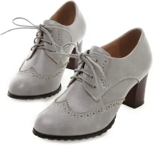 VOKLIN Women's Lace Up Wingtip Pump Oxfords Brogues Perforated Chunky Block High Heels Vintage Dress Shoes