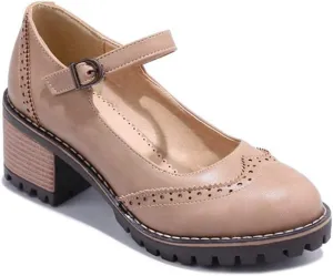 VOKLIN Women's Retro Mary Jane Pump Oxford Brogue Round Toe Platform Chunky Block Heel Vintage Dress Shoes