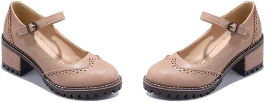 VOKLIN Women's Retro Mary Jane Pump Oxford Brogue Round Toe Platform Chunky Block Heel Vintage Dress Shoes