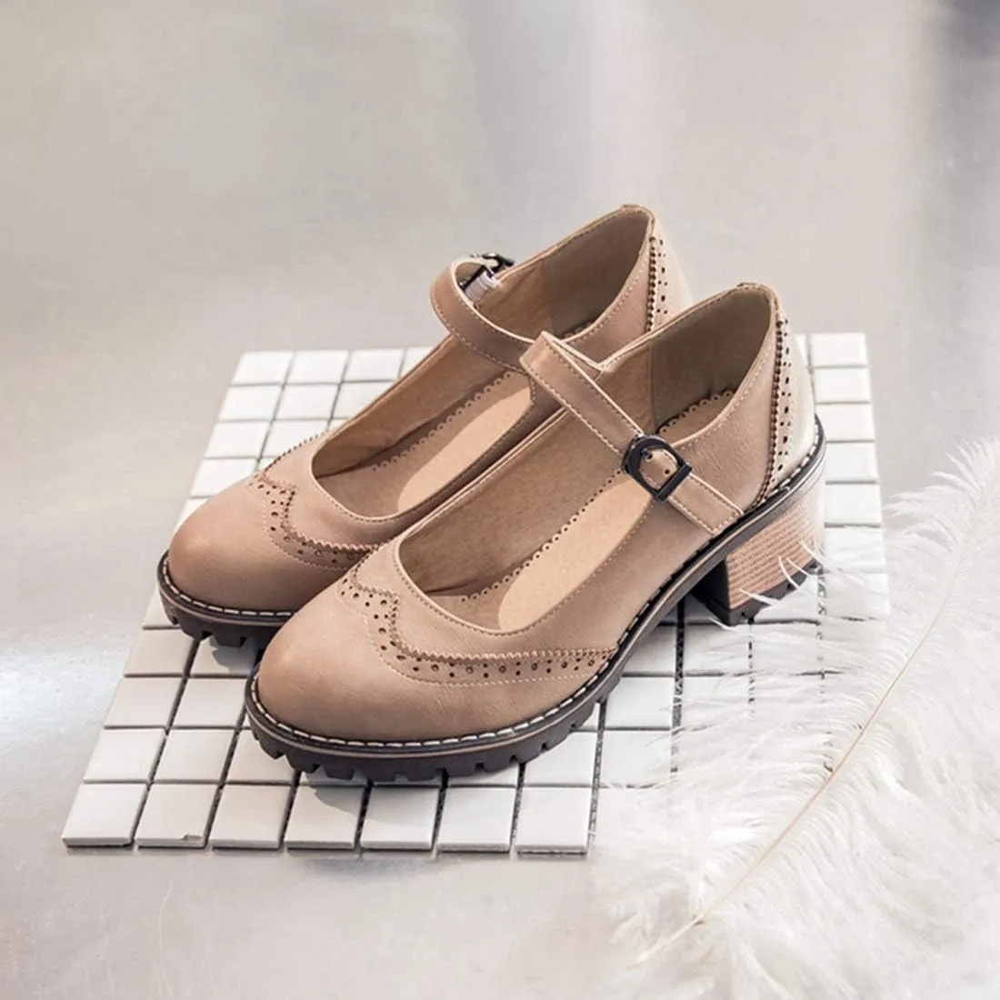VOKLIN Women's Retro Mary Jane Pump Oxford Brogue Round Toe Platform Chunky Block Heel Vintage Dress Shoes