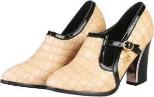 VOKLIN Women's Vintage Plaid Pump Oxfords Brogues Round Toe Wingtip Chunky Block High Heels Dress Shoes