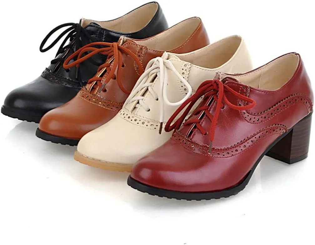 VOKLIN Women's Vintage Pump Oxfords Brogues Lace Up Wingtip Perforated Chunky Mid Block Heel Dress Shoes