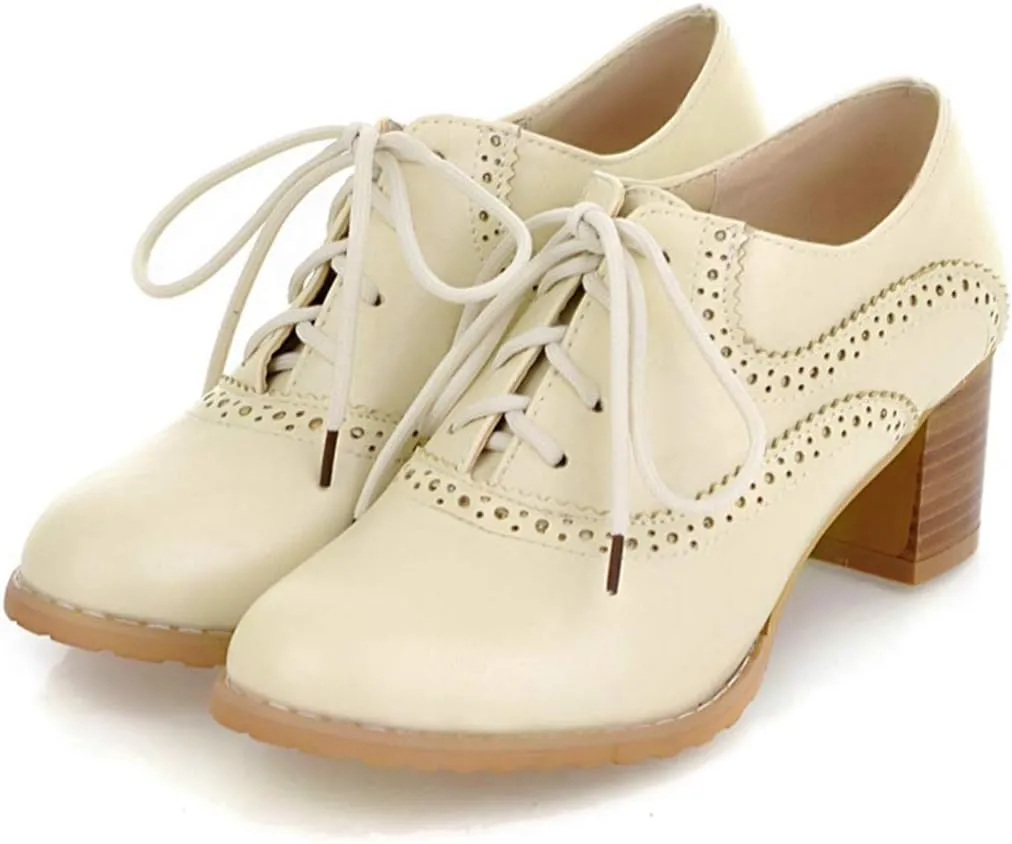 VOKLIN Women's Vintage Pump Oxfords Brogues Lace Up Wingtip Perforated Chunky Mid Block Heel Dress Shoes