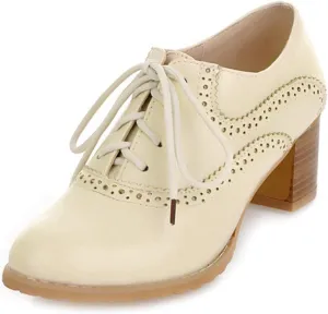 VOKLIN Women's Vintage Pump Oxfords Brogues Lace Up Wingtip Perforated Chunky Mid Block Heel Dress Shoes