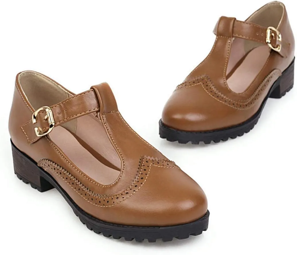 VOKLIN Women's Vintage T-Strap Mary Jane Pumps Round Toe Platform Chunky Low Heel Brogues Oxford Dress Shoes