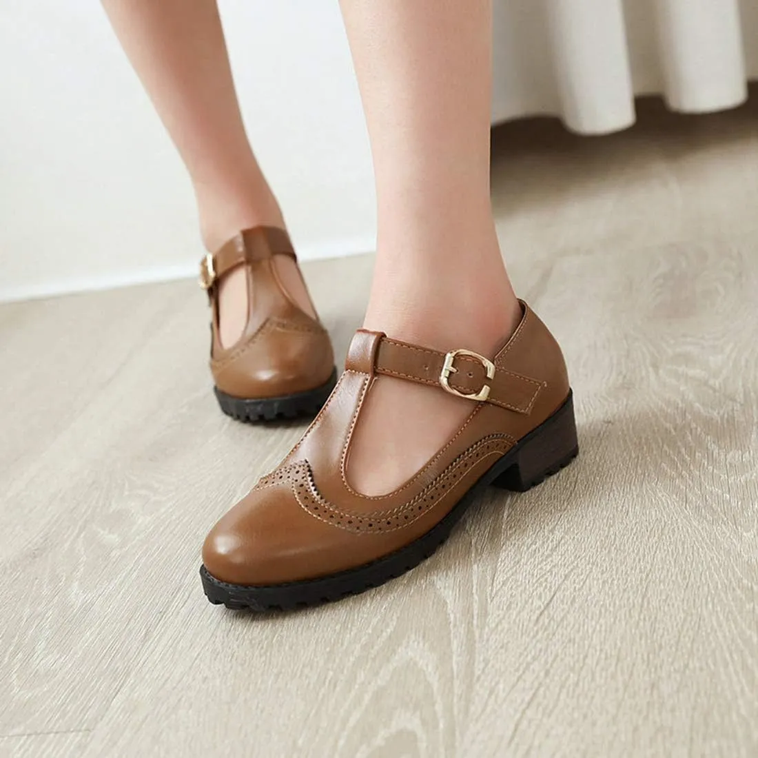 VOKLIN Women's Vintage T-Strap Mary Jane Pumps Round Toe Platform Chunky Low Heel Brogues Oxford Dress Shoes