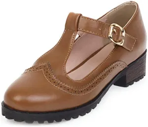 VOKLIN Women's Vintage T-Strap Mary Jane Pumps Round Toe Platform Chunky Low Heel Brogues Oxford Dress Shoes