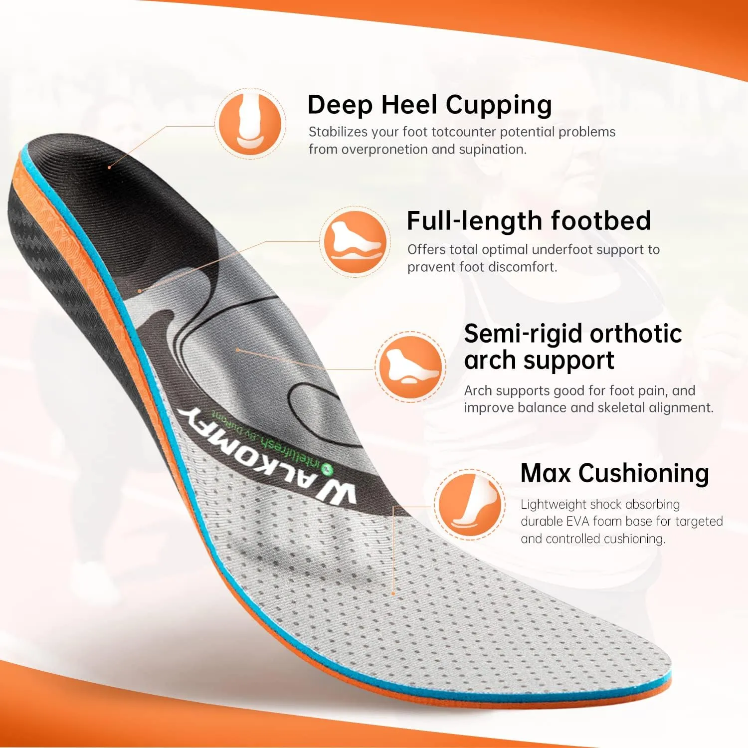 Walkomfy Plantar Fasciitis Insoles High Arch Support Shoe Inserts, Pain Relief Orthotics for Foot Pain,Flat Feet,Metatarsalgia, Work Boot Insoles for Men Women, All Day Support and Comfort