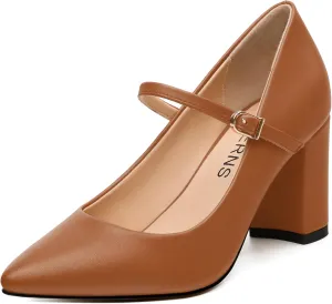WAYDERNS Closed Pointed Toe Heels for Women Chunky Block High Heel Pumps Fashion Elegant Trendy Prom Party Wedding Dress Shoes with Strap 3 Inch