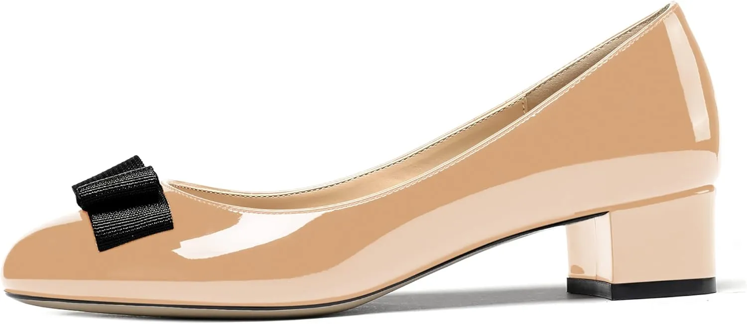WAYDERNS Women's Patent Bow Slip On Round Toe Chunky Low Heel Pumps Shoes 1.5 Inch
