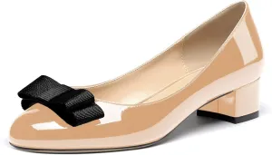 WAYDERNS Women's Patent Bow Slip On Round Toe Chunky Low Heel Pumps Shoes 1.5 Inch