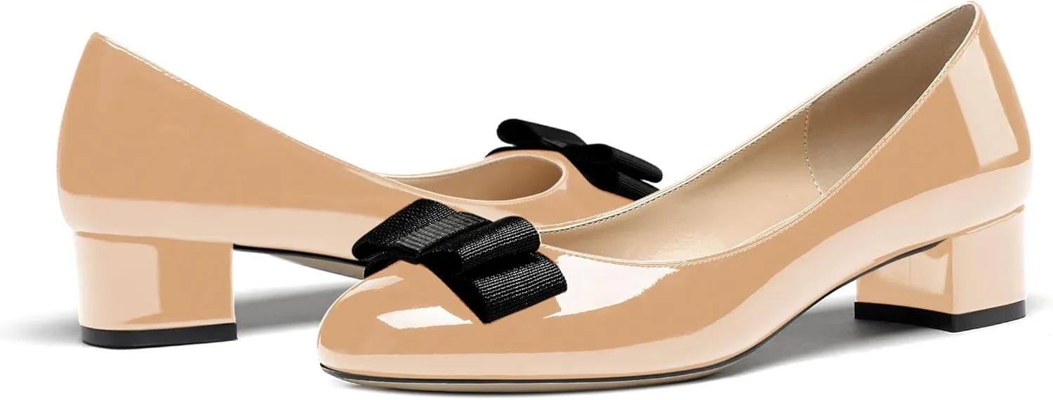 WAYDERNS Women's Patent Bow Slip On Round Toe Chunky Low Heel Pumps Shoes 1.5 Inch