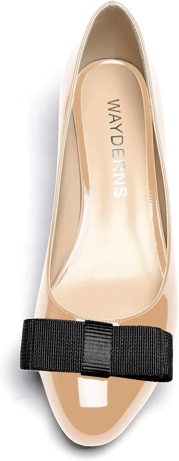 WAYDERNS Women's Patent Bow Slip On Round Toe Chunky Low Heel Pumps Shoes 1.5 Inch