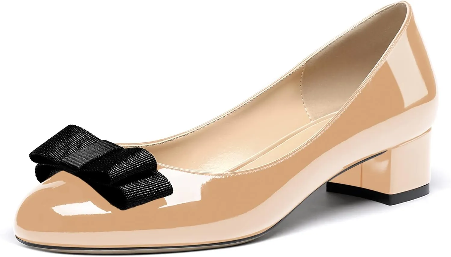 WAYDERNS Women's Patent Bow Slip On Round Toe Chunky Low Heel Pumps Shoes 1.5 Inch