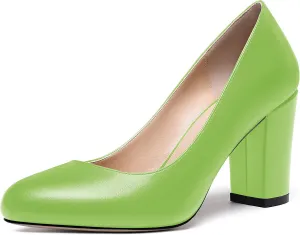 WAYDERNS Women's Thick Matte Solid Round Toe Slip On Block High Heel Pumps Shoes 3.5 Inch