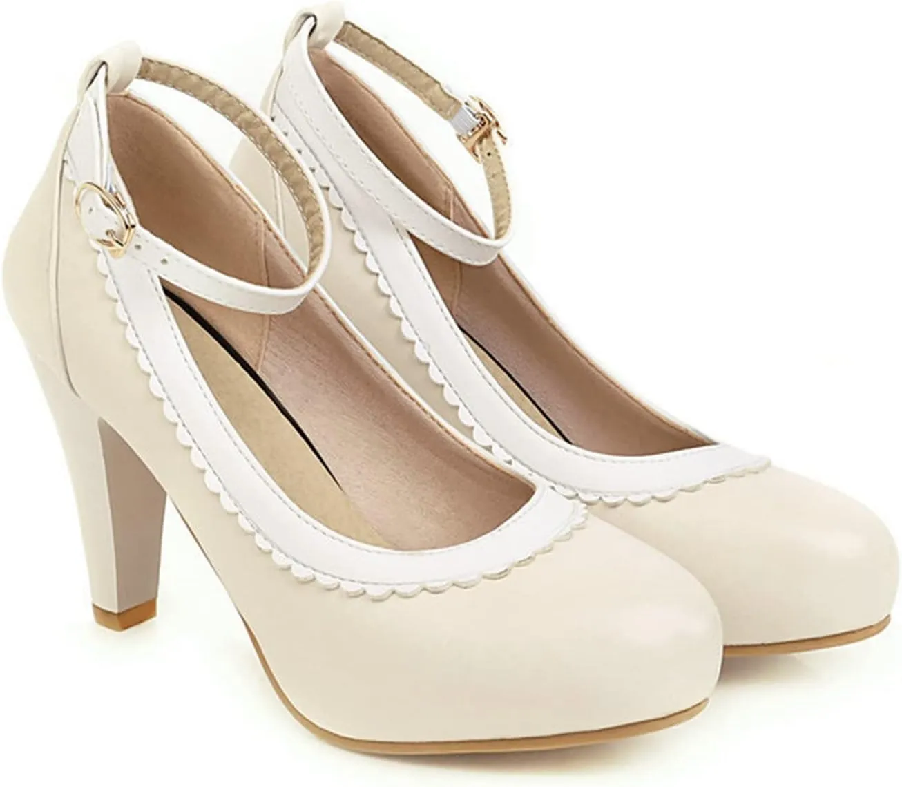 Women Ankle Strap High Heel Dress Shoes Two Tone Round Toe Slip On Buckle Leather Work Office Pumps