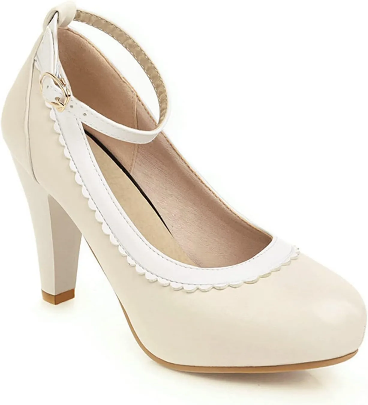 Women Ankle Strap High Heel Dress Shoes Two Tone Round Toe Slip On Buckle Leather Work Office Pumps