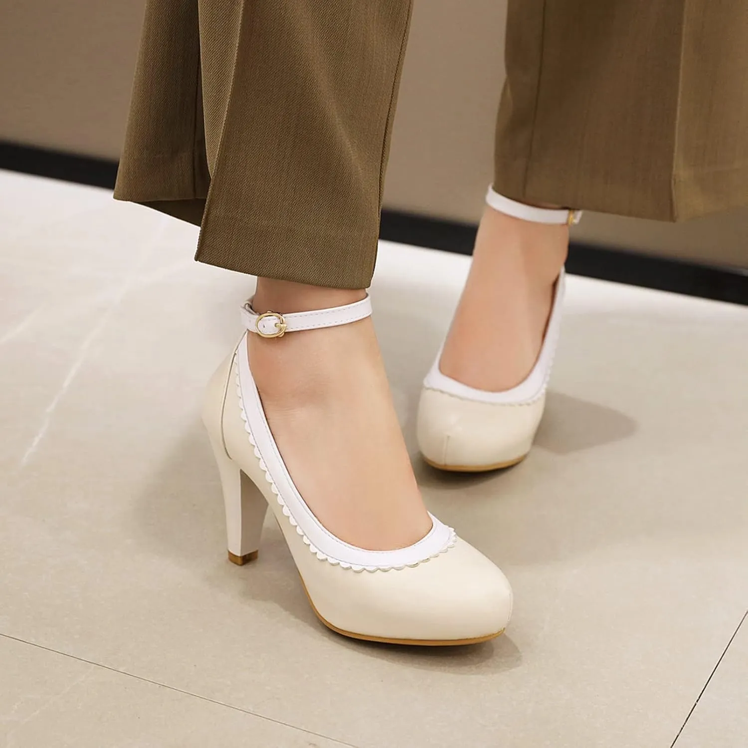 Women Ankle Strap High Heel Dress Shoes Two Tone Round Toe Slip On Buckle Leather Work Office Pumps