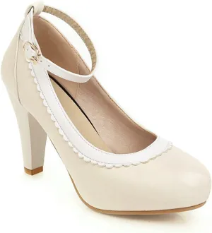 Women Ankle Strap High Heel Dress Shoes Two Tone Round Toe Slip On Buckle Leather Work Office Pumps