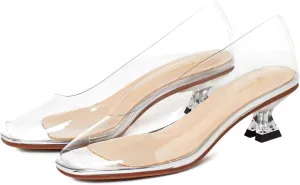 Women Clear Low Kitten Heels Pumps Shoes Round Closed Toe Slip On Transparent Sandals Open Peep Toe Chunky Block PVC Heels Crystal Pumps Office Wedding Party Dressy Summer Chic 4-11 M US