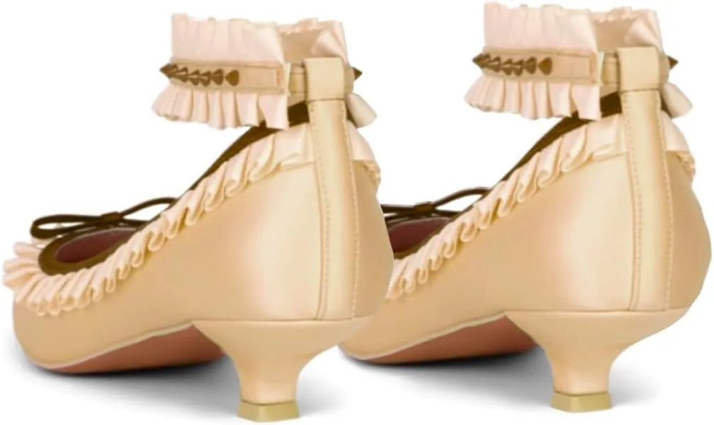 Women Pointed Toe Kitten Heel Bow Pumps Satin Ankle Strap Dress Shoes Lace Ruffles Cute 1 inch Low Kitten Heels Satin Wedding Bridal Dress Low Heels Two Tone Elegant Comfy 4-11 M US