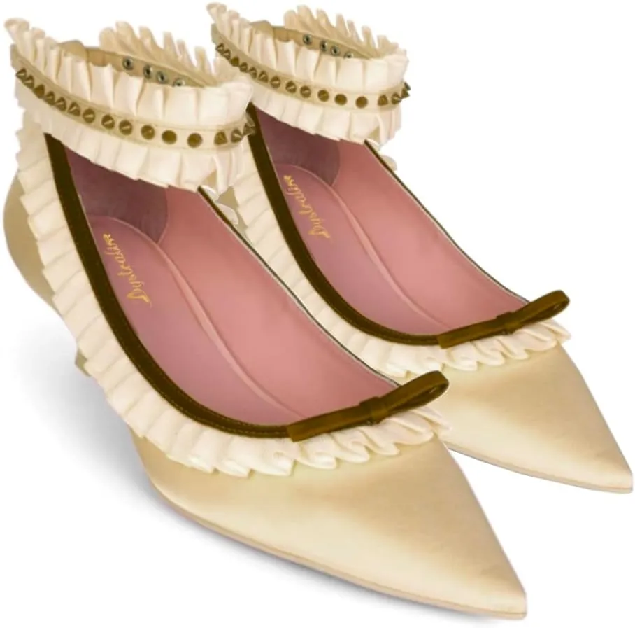 Women Pointed Toe Kitten Heel Bow Pumps Satin Ankle Strap Dress Shoes Lace Ruffles Cute 1 inch Low Kitten Heels Satin Wedding Bridal Dress Low Heels Two Tone Elegant Comfy 4-11 M US