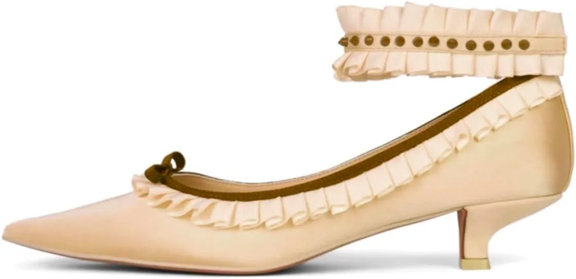 Women Pointed Toe Kitten Heel Bow Pumps Satin Ankle Strap Dress Shoes Lace Ruffles Cute 1 inch Low Kitten Heels Satin Wedding Bridal Dress Low Heels Two Tone Elegant Comfy 4-11 M US