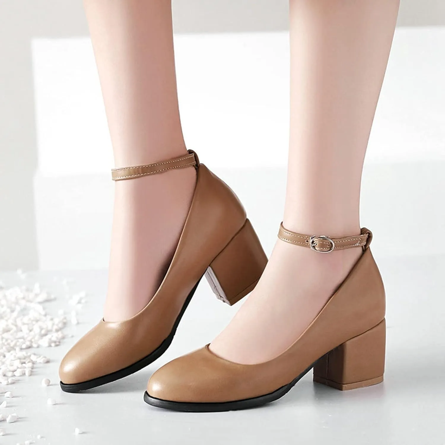 Women Round Toe Ankle Strap Dress Pumps Comfort Mid Chunky Block Heel Formal Office Work Shoes