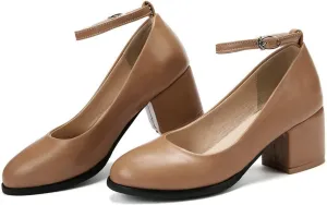 Women Round Toe Ankle Strap Dress Pumps Comfort Mid Chunky Block Heel Formal Office Work Shoes