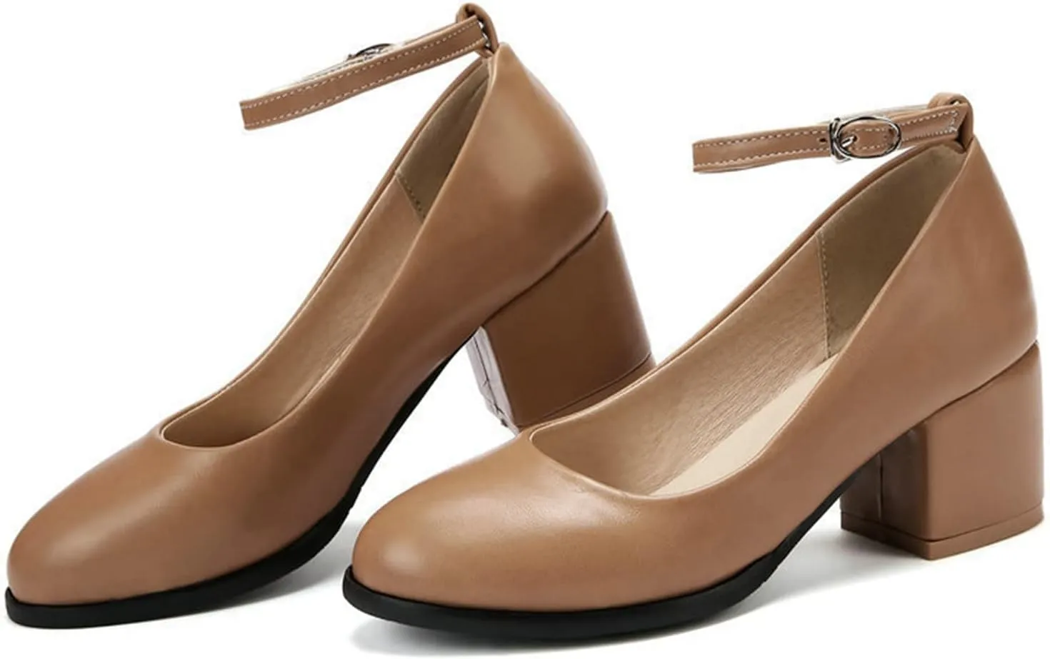 Women Round Toe Ankle Strap Dress Pumps Comfort Mid Chunky Block Heel Formal Office Work Shoes