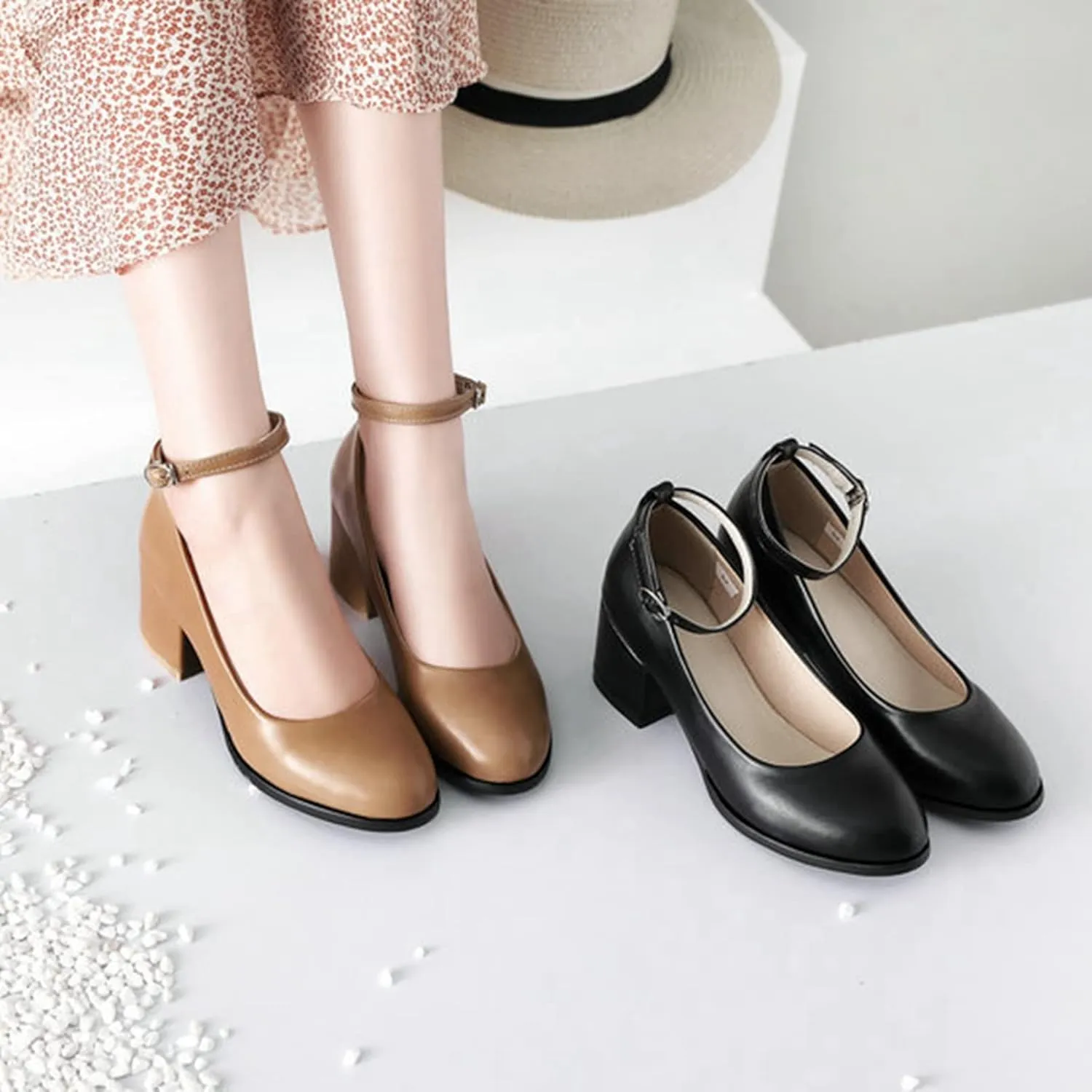 Women Round Toe Ankle Strap Dress Pumps Comfort Mid Chunky Block Heel Formal Office Work Shoes
