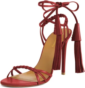 Women Sexy Open Round Toe Lace up Tassels Strappy Sandals Tie up Ankle Wrap Stiletto High Heels Graceful Wedding Evening Event Dressy Shoes Size 4-16 US
