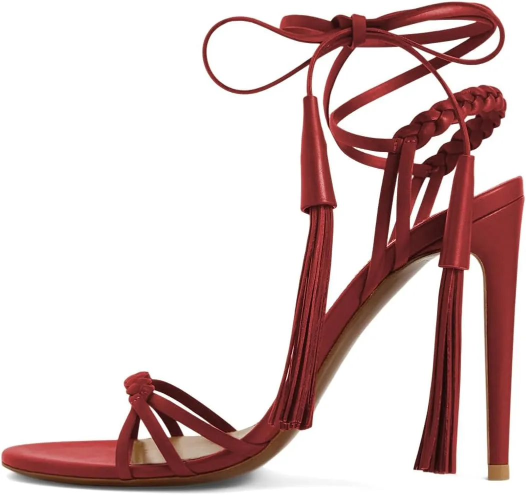 Women Sexy Open Round Toe Lace up Tassels Strappy Sandals Tie up Ankle Wrap Stiletto High Heels Graceful Wedding Evening Event Dressy Shoes Size 4-16 US