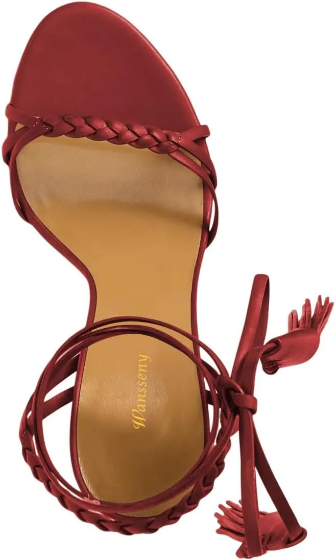 Women Sexy Open Round Toe Lace up Tassels Strappy Sandals Tie up Ankle Wrap Stiletto High Heels Graceful Wedding Evening Event Dressy Shoes Size 4-16 US