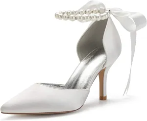 Women Wedding Shoes for Bride High Heels Bridal Shoes Pointed Toe Ribbon Tie Pearl Satin Prom Party Dress Pumps Sandals