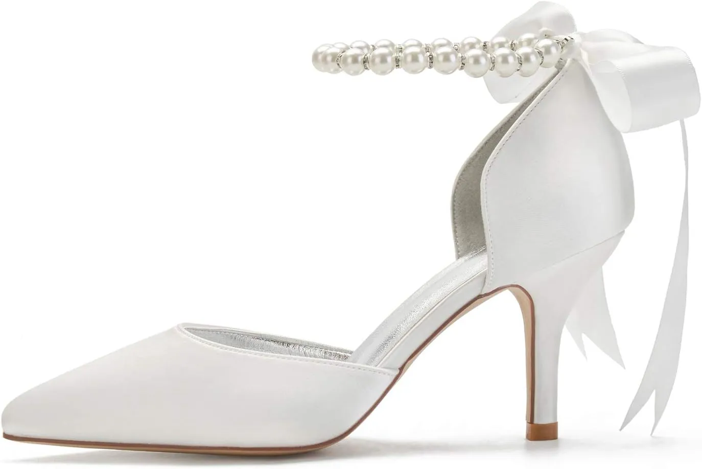 Women Wedding Shoes for Bride High Heels Bridal Shoes Pointed Toe Ribbon Tie Pearl Satin Prom Party Dress Pumps Sandals