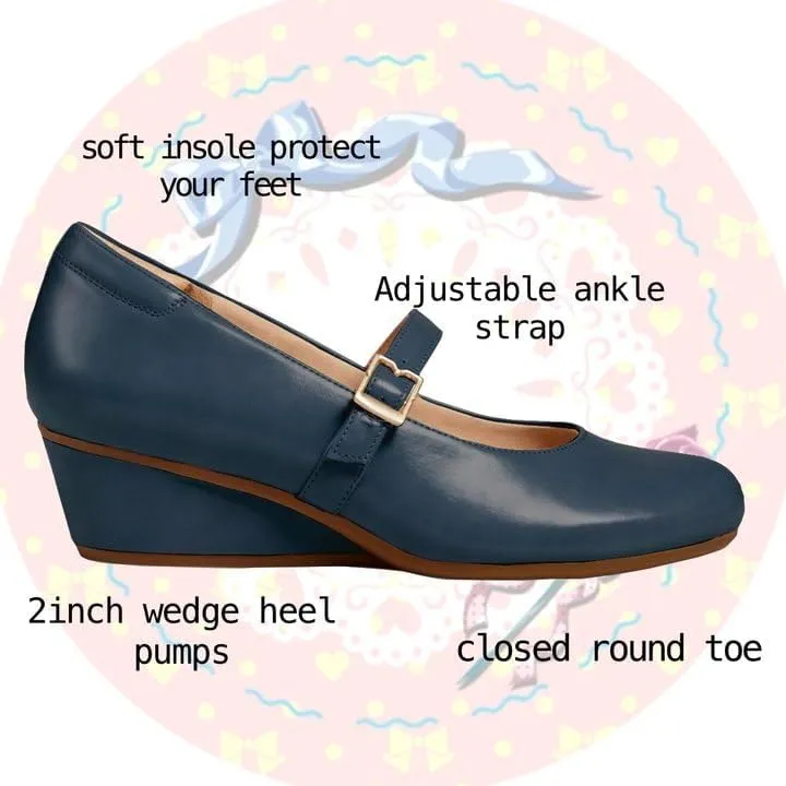 Women Wedge Heel Mary Janes Round Toe Ankle Strap Pumps Wedge Heels 2 inch Casual Wedged Mary Jane Shoes Matte Buckle Dress Wedges Sandals Office Ladies Wedding 4-11 M US