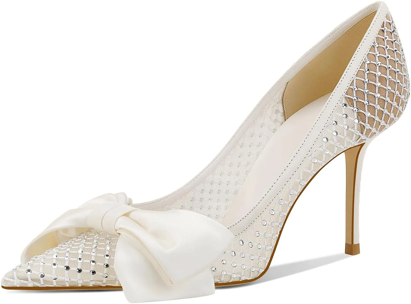 Women's Bow High Heels Pointed Toe Pumps Lace Mesh Stiletto Heels Dressy Wedding Party Pumps Bridal Shoes White(3.34 inch)