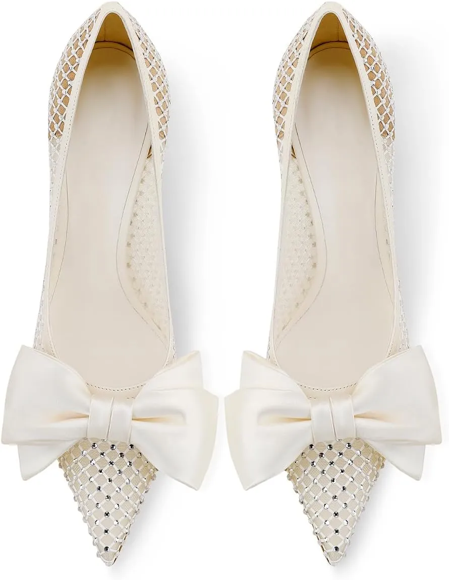 Women's Bow High Heels Pointed Toe Pumps Lace Mesh Stiletto Heels Dressy Wedding Party Pumps Bridal Shoes White(3.34 inch)