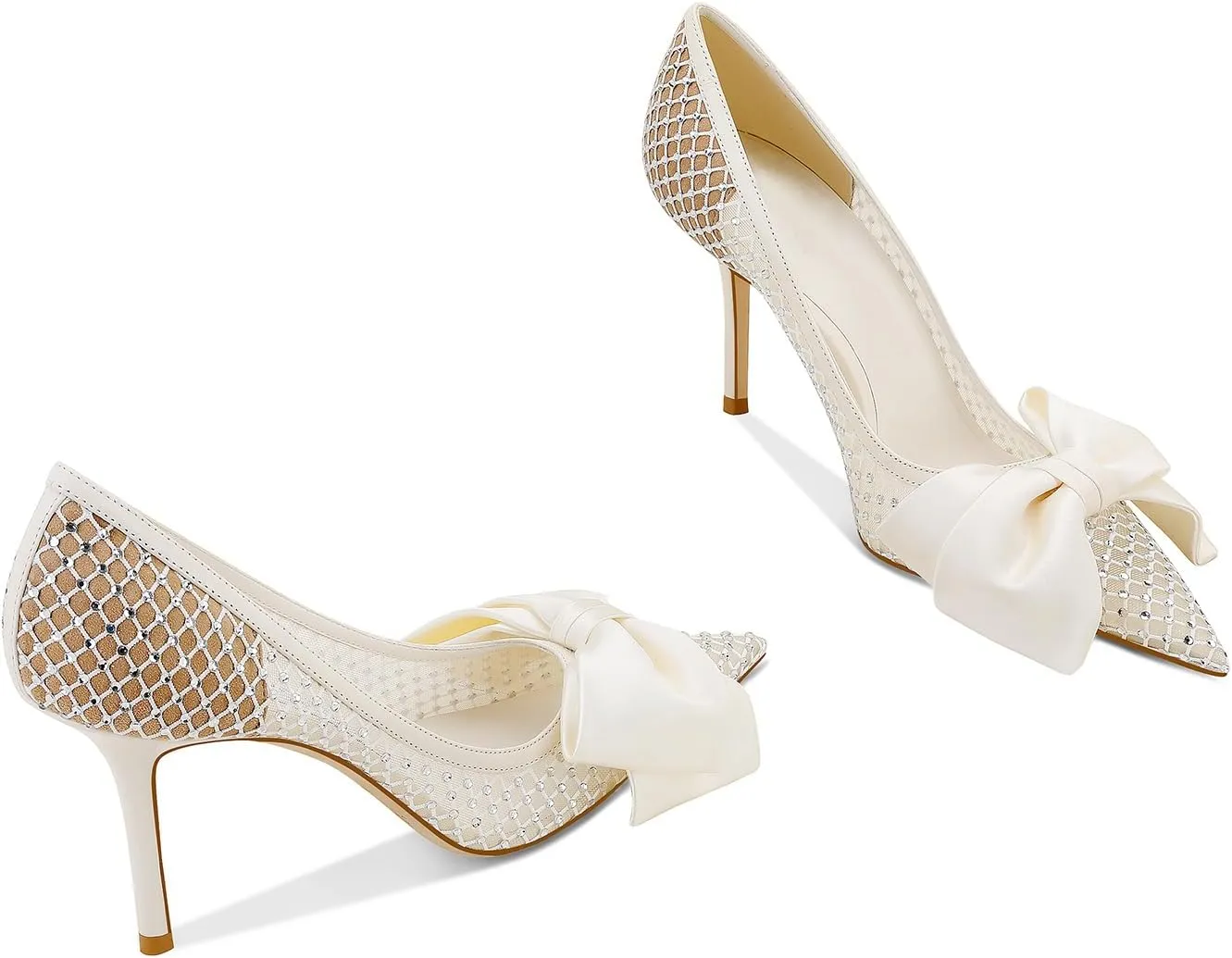 Women's Bow High Heels Pointed Toe Pumps Lace Mesh Stiletto Heels Dressy Wedding Party Pumps Bridal Shoes White(3.34 inch)