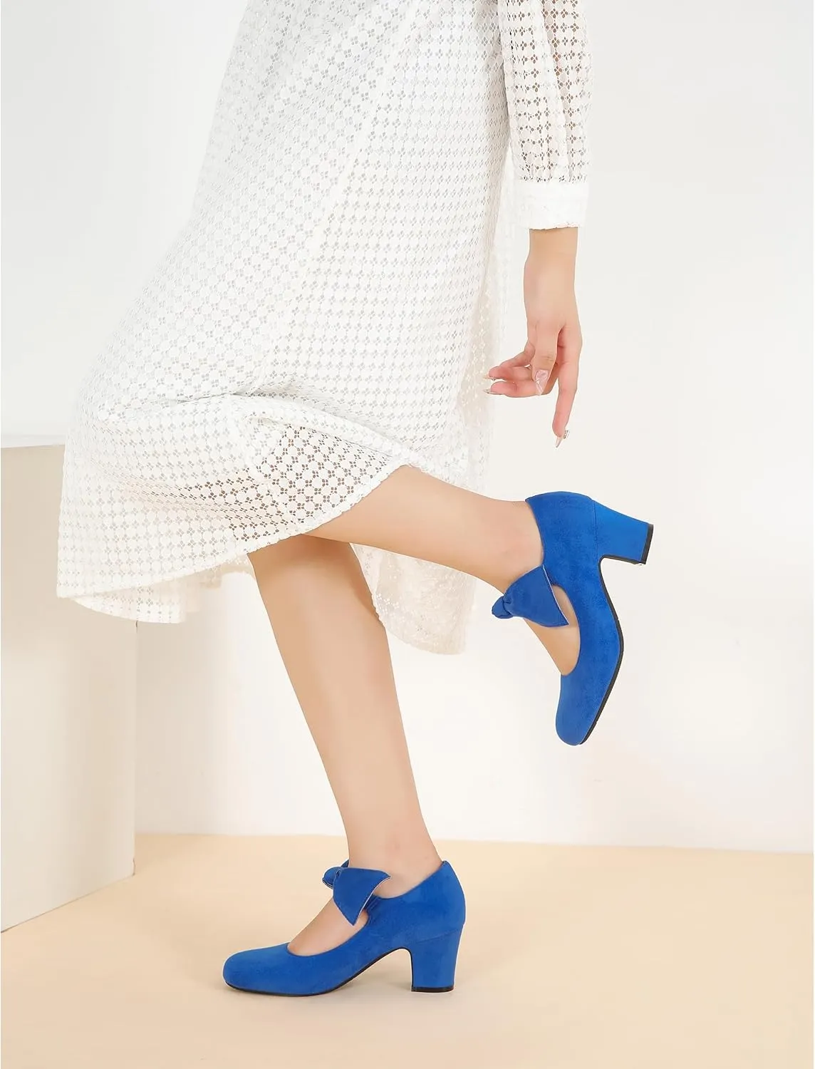 Women's Bow Mary Jane Block Heel Pumps Closed Round Toe Low Chunky Heels Ankle Strap Wedding Dress Evening Party Shoes